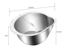 Load image into Gallery viewer, Multifunction stainless steel bowl with measurements: 26.8cm width, 24cm diameter, and 13.5cm height.