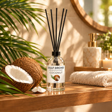 Load image into Gallery viewer, Gulf Orchid coconut reed diffuser with packaging on a white background