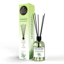 Load image into Gallery viewer, Gulf Orchid Lemongrass reed diffuser with packaging on a white background