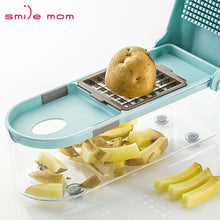 تحميل الصورة في عارض المعرض، 3 Blades Vegetables Slicer | Professional Manual Chopper in use with potatoes being sliced.