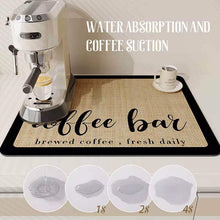 Load image into Gallery viewer, Coffee bar mat with an espresso machine and cup on a light background