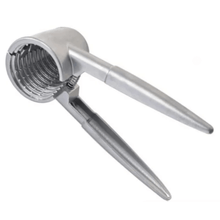 Load image into Gallery viewer, A silver stainless steel nut crusher with a hand crank handle.