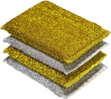 Load image into Gallery viewer, Pack of 4 heavy-duty nylon cleaning sponges in gold and silver colors for effective dishwashing and scrubbing.