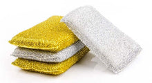Load image into Gallery viewer, Pack of 4 heavy-duty nylon cleaning sponges, including gold and silver scouring pads for tough dishwashing tasks.
