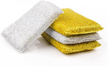 Load image into Gallery viewer, Heavy duty nylon cleaning sponges, silver and gold, pack of 4, for tough dishwashing and scouring tasks.