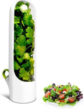 Load image into Gallery viewer, Herb fridge capsule storing fresh cilantro with a plate of mixed salad beside it for optimal vegetable freshness.