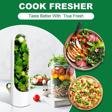 Load image into Gallery viewer, Herb fridge capsule keeping fresh cilantro alongside colorful salads and pizza, promoting better cooking with true freshness.