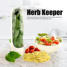 Load image into Gallery viewer, Herb keeper container with fresh greens and pasta salad, designed to extend herb freshness and fit in refrigerator doors.