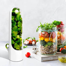 Load image into Gallery viewer, Herb fridge capsule storing fresh cilantro beside a jar of colorful vegetables and quinoa.