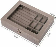 Load image into Gallery viewer, Gray jewelry box with compartments and dimensions on a white background