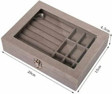 Load image into Gallery viewer, Gray jewelry box with compartments and dimensions on a white background