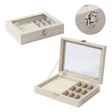 Load image into Gallery viewer, Beige jewelry box with mirror lid and divided compartments on a white background
