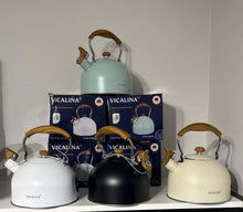 Load image into Gallery viewer, Collection of Vicalina kettles on a shelf with various items below.