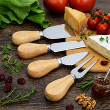 تحميل الصورة في عارض المعرض، 4-piece cheese knives set with wooden handles and stainless steel blades, perfect for cutting and serving cheese.