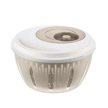 Load image into Gallery viewer, A beige large salad spinner made of high-quality, BPA-free plastic with a simple spinning mechanism and a non-slip base.