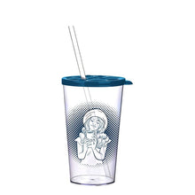Load image into Gallery viewer, A clear plastic tumbler with a dark blue lid and matching straw, featuring a white line art illustration of a woman in a hat on a blue halftone circle background.