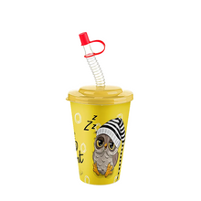 Load image into Gallery viewer, A yellow plastic cup with a matching yellow lid and a clear coiled straw featuring a red loop. The cup is decorated with a cartoon owl wearing a black-and-white striped knit hat and the word 'Pip' on a plain white background.