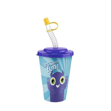 Load image into Gallery viewer, A kid's plastic cup with a purple lid and a coiled clear straw topped with a yellow cap. The cup is light blue with a purple cartoon monster and the text 'let's have fun!'.