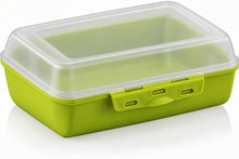 Load image into Gallery viewer, A bright lime green plastic bento lunch box with a matching lid and latch closure, shown on a clean white background.