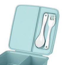 Load image into Gallery viewer, Light blue lunch box with a spoon and fork inside on a white background