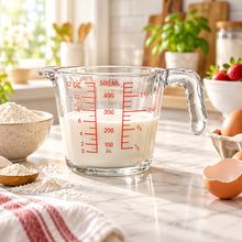 تحميل الصورة في عارض المعرض، Clear glass measuring cup with red measurement markings on a white background