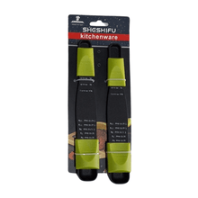 Load image into Gallery viewer, A set of two adjustable measuring spoons in black and green, packaged in a clear plastic case with a red and white product label.