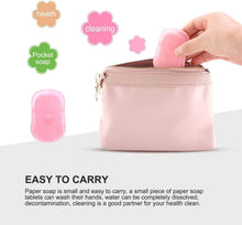 تحميل الصورة في عارض المعرض، Hand holding a pink paper soap tablet above a pink pouch with text about its ease of carrying.
