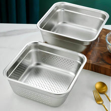 Load image into Gallery viewer, Square stainless steel colander and matching solid bowl on a white countertop