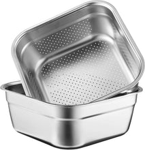 Load image into Gallery viewer, Square stainless steel colander tilted inside a matching solid bowl