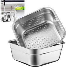 Load image into Gallery viewer, Square stainless steel colander and matching bowl shown with a small usage inset
