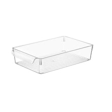 Load image into Gallery viewer, A clear acrylic refrigerator organizer bin with built-in handles.