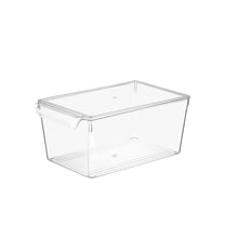 Load image into Gallery viewer, A clear acrylic refrigerator organizer bin with a lid, featuring built-in handles.