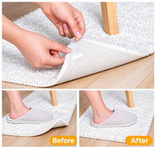 تحميل الصورة في عارض المعرض، A collage showing a textured off-white rug or mat being demonstrated on a light wood floor. The top panel shows hands peeling back a corner of the mat to reveal its thickness and backing.