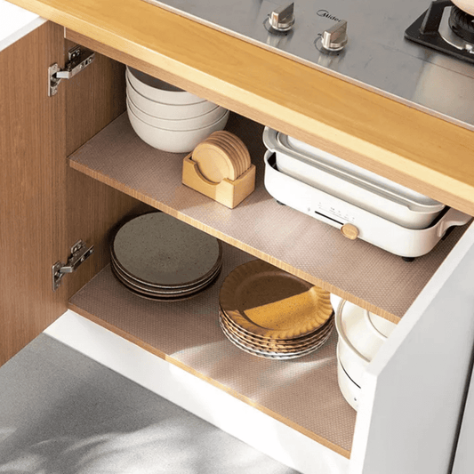Non-Slip EVA Roll for Kitchen Cabinets | Waterproof 4 Sheets (45 x 30 cm) protecting kitchen shelves with dishware organized.