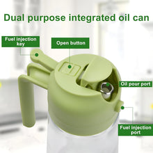 تحميل الصورة في عارض المعرض، A close-up of a light green integrated oil can lid on a clear bottle, with green callout labels pointing to fuel injection key, open button, oil pour port, and fuel injection port.