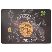 Load image into Gallery viewer, Pizza-themed placemat with illustrations on a black background