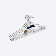Load image into Gallery viewer, Set of white hangers with a Dukki packaging label on a white background