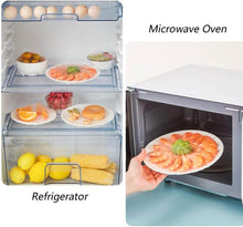 Load image into Gallery viewer, Split image showing plastic food storage covers used in a refrigerator and microwave oven for food preservation.