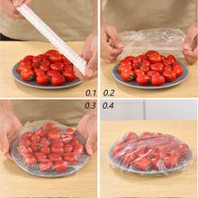 Load image into Gallery viewer, Step-by-step process demonstrating how to use plastic food storage covers on a plate of tomatoes.