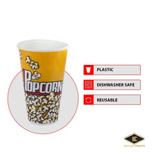 Load image into Gallery viewer, Plastic Popcorn Container Retro Style | Small Reusable Popcorn Buckets with popcorn design and dishwasher safe.