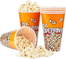 Load image into Gallery viewer, Plastic Popcorn Container Retro Style | Small Reusable Popcorn Buckets filled with delicious popcorn in vibrant orange design.