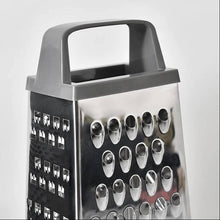 Load image into Gallery viewer, A stainless steel box grater with a gray plastic handle, shown on a light gray background with the YIGRYI brand logo in the top left corner.