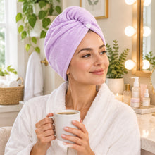 Load image into Gallery viewer, Woman wearing a purple quick-dry hair wrap and holding a mug