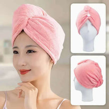Load image into Gallery viewer, Pink hair towel on a model with close-up insets on mannequins.
