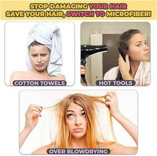Load image into Gallery viewer, Four panel comic showing the negative effects of using cotton towels, hot tools, and over blowdrying on hair, with a call to switch to microfiber.