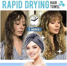 Load image into Gallery viewer, Advertisement for a rapid drying hair towel with a woman using it, showing a time-saving benefit.
