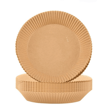 Load image into Gallery viewer, A stack of beige, round, non-stick disposable air fryer paper liners.