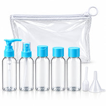 Load image into Gallery viewer, Six clear plastic travel bottles with various cap types (pump, spray, flip-top, and screw caps) lined up in front of a transparent zippered pouch, with two small white plastic accessories on the right, all on a white background.