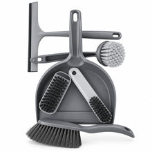 تحميل الصورة في عارض المعرض، A 7-piece gray plastic cleaning set including a dustpan, broom, scrubber, brush, squeegee, and two scrubbing brushes, arranged on a plain white background.