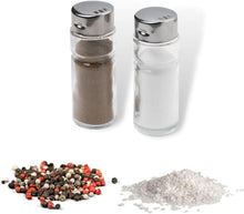 Load image into Gallery viewer, Two glass salt and pepper shakers with a pile of colorful peppercorns and white salt on a white background.